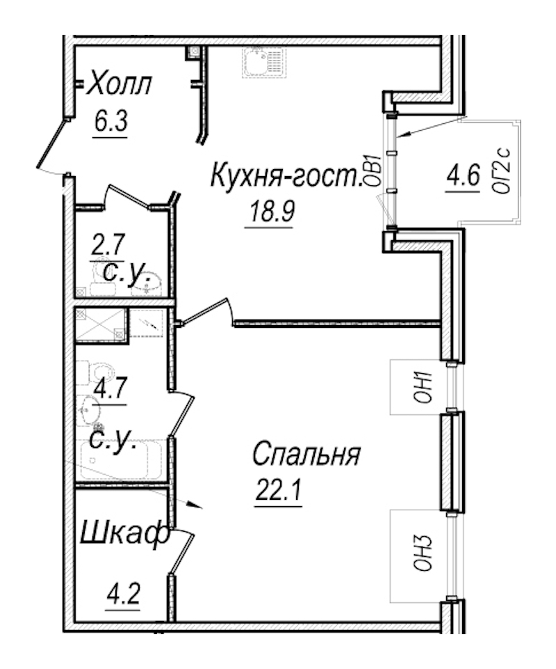 1-комнатная квартира 61.6 м², 7/8 эт., Комплекс апартаментов «Meltzer Hall»